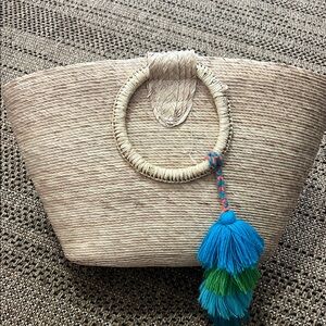 Tan and Blue Woven Tote Bag with Tassel
